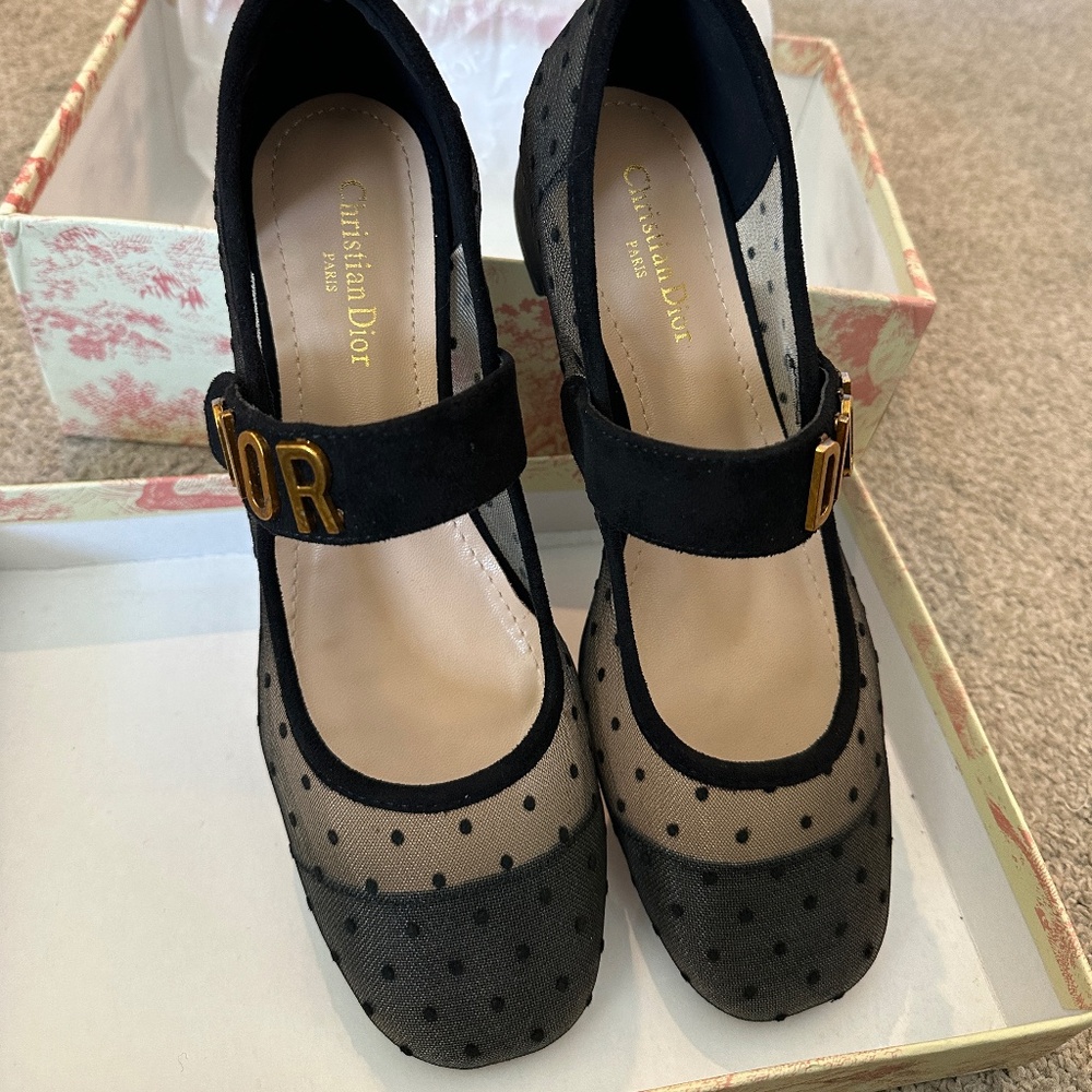 AUTHENTIC Dior Black Mary Jane Heels with Polka Dot Design